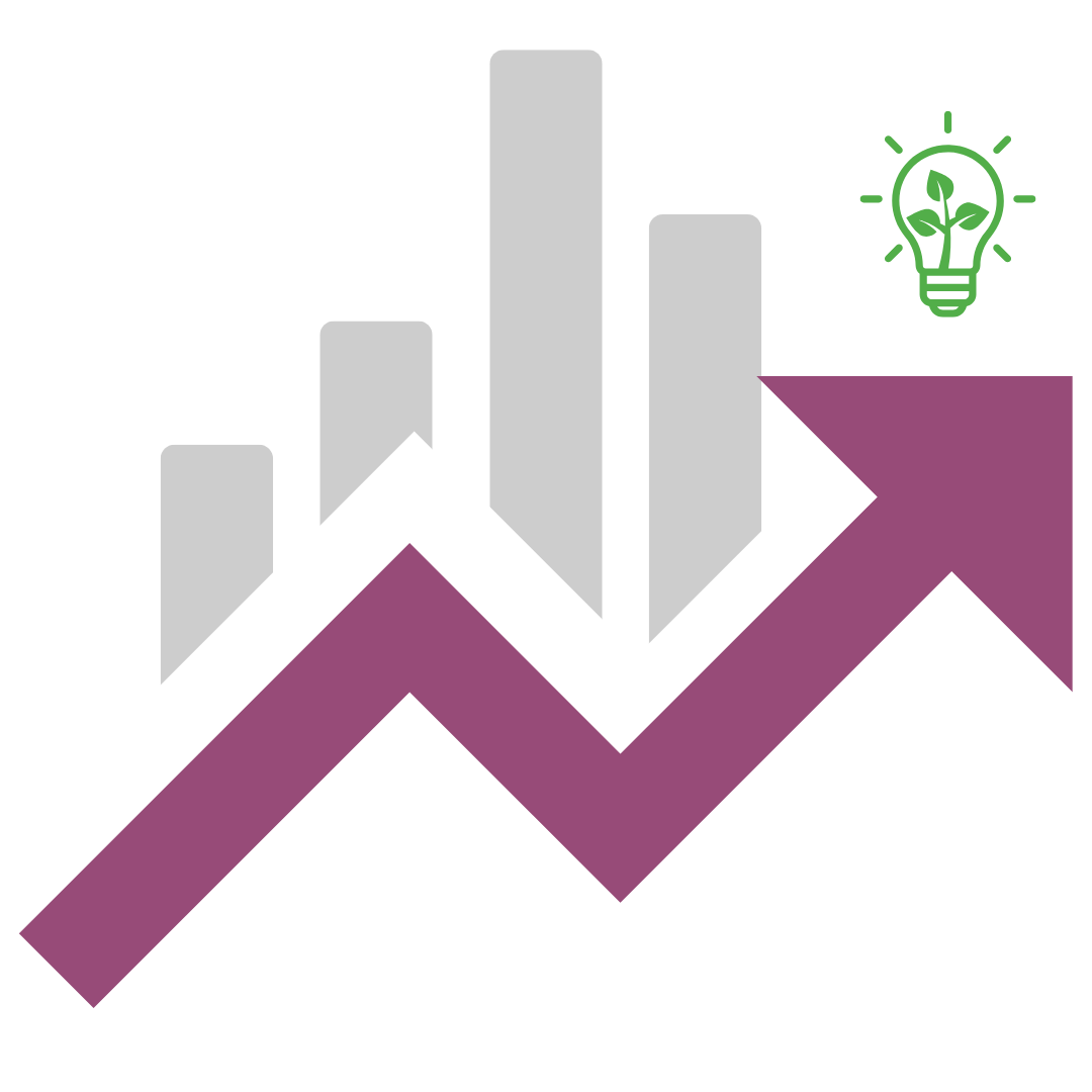 Ein steigendes Diagramm mit grüner Glühbirne symbolisiert nachhaltige Rentabilität und Modernisierung.