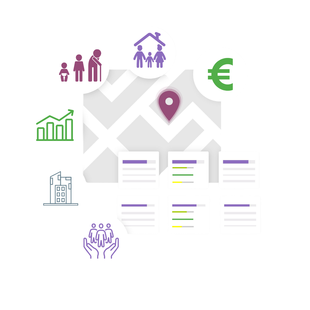 Familie mit Kindern neben einem Diagramm, das soziale Mietbelastung und Fairness symbolisiert Familie mit Kindern neben einem Diagramm, das soziale Mietbelastung und Fairness symbolisiert