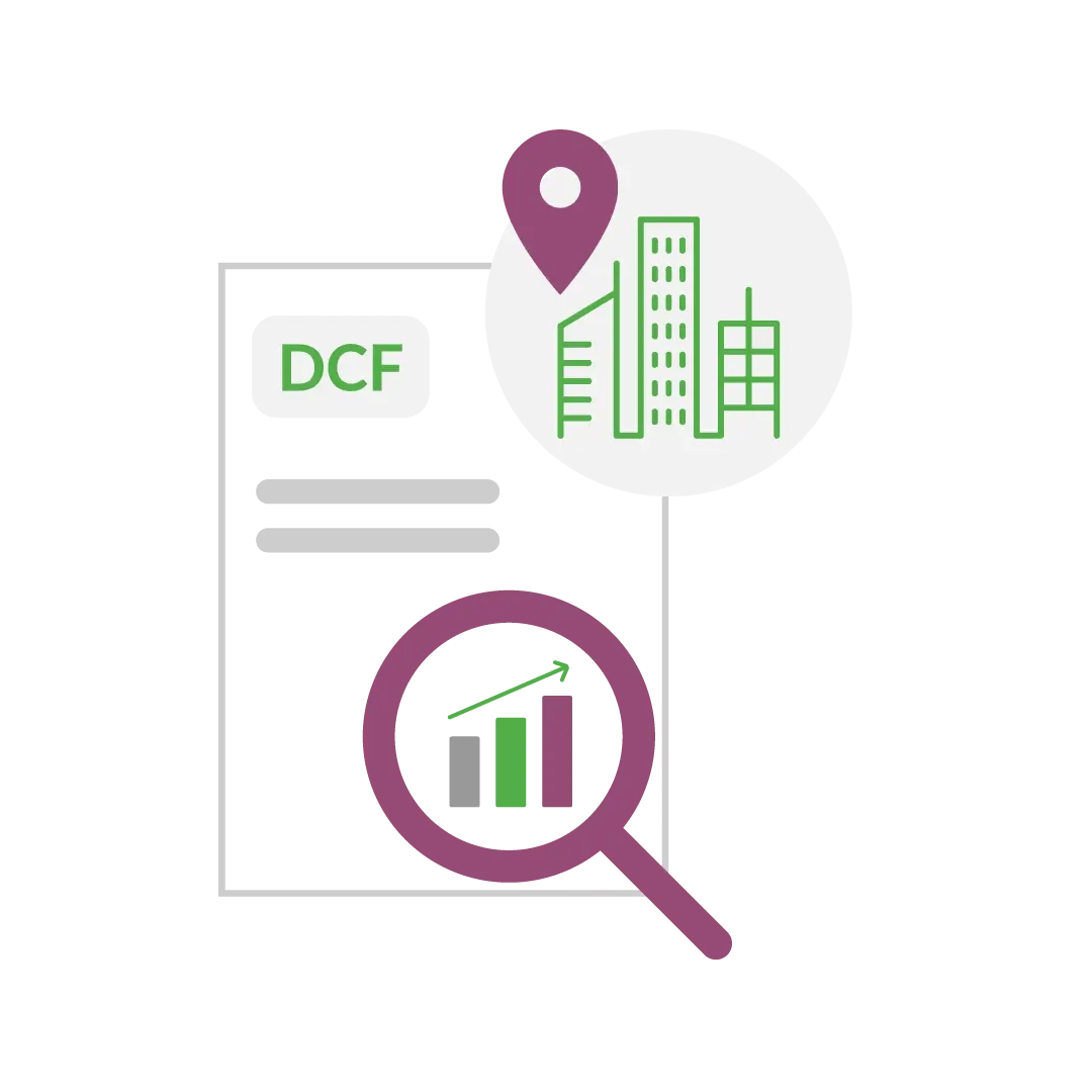 DCF-Bericht mit Standortmarkierung, Gebäuden und einer Lupe, die ein Wachstumsdiagramm hervorhebt. DCF-Bericht mit Standortmarkierung, Gebäuden und einer Lupe, die ein Wachstumsdiagramm hervorhebt.