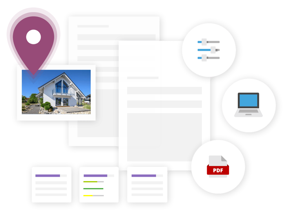 Hausbild mit Dokumenten und Symbolen für PDF, Computer und Einstellungen.