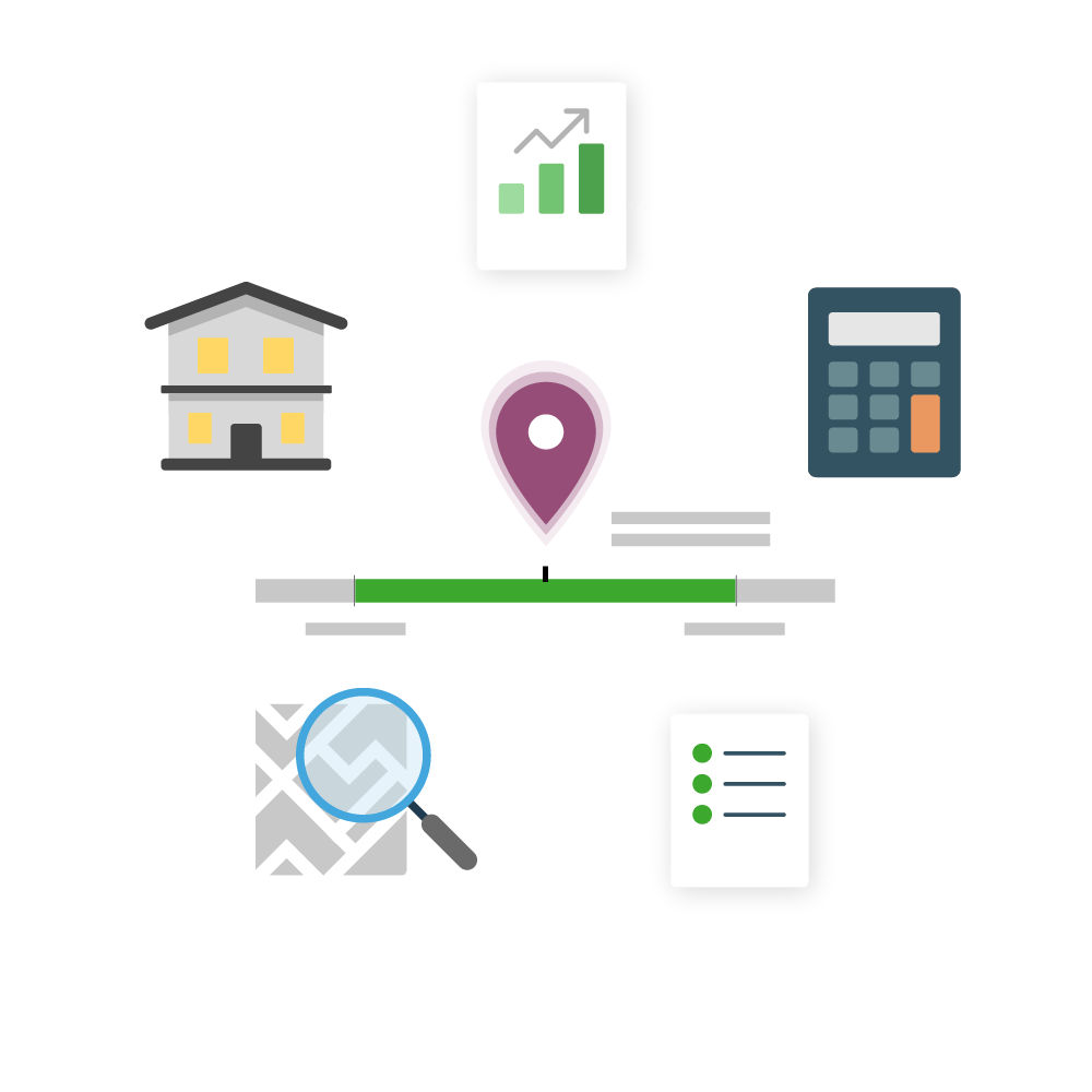 Darstellung der Bewertung von Investitionsrisiken und Markttrends mit Symbolen für Haus, Diagramm, Taschenrechner, Lupe und Checkliste um eine Standortmarkierung.