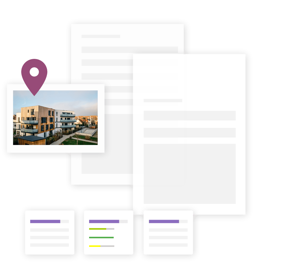 Wohngebäude mit Dokumenten und Datenanalyse.