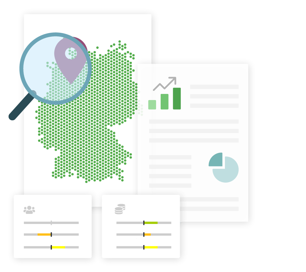 Deutschlandkarte mit Lupe und Diagramm für Standortanalyse.