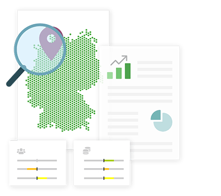 Deutschlandkarte mit Lupe und Diagramm für Standortanalyse.