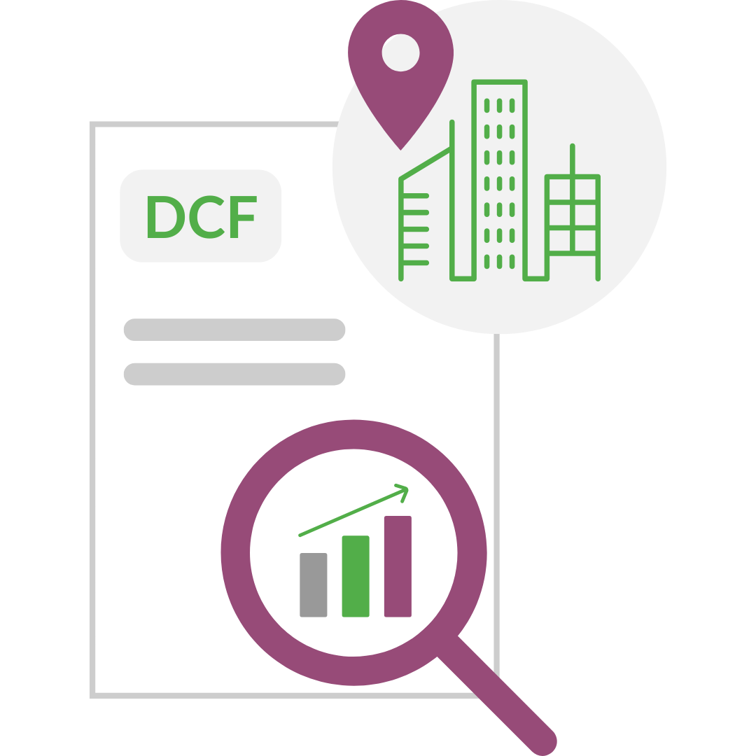 Grafische Darstellung des Quick DCF-Checks für Immobilieninvestitionen mit Standortdaten und Analyse. Grafische Darstellung des Quick DCF-Checks für Immobilieninvestitionen mit Standortdaten und Analyse.
