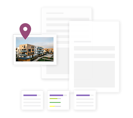 Wohngebäude mit Dokumenten und Datenanalyse.