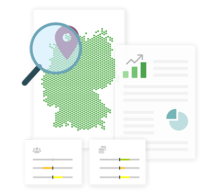 Deutschlandkarte mit Lupe und Diagramm für Standortanalyse.