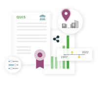 Papier mit QUIS-Logo, Filtersymbole der Standortanalyse von Immobilien