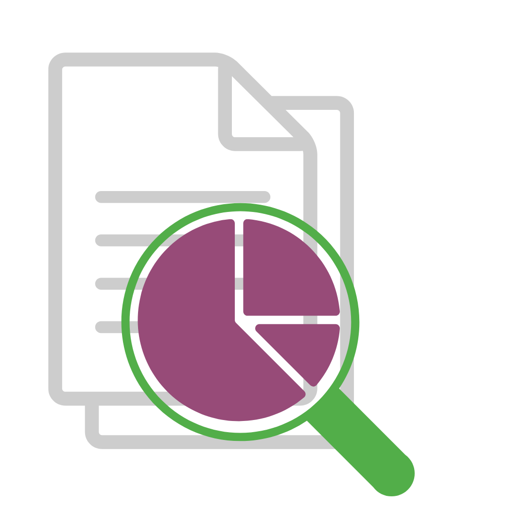 Symbol einer Dokumentenseite mit einer Lupe, die ein Kreisdiagramm vergrößert. Symbol einer Dokumentenseite mit einer Lupe, die ein Kreisdiagramm vergrößert.