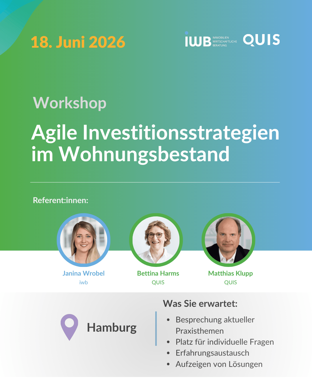 Workshop-Banner für den 18. Juni 2026 in Hamburg zum Thema Agile Investitionsstrategie im Wohnungsbestand mit iwb und QUIS
