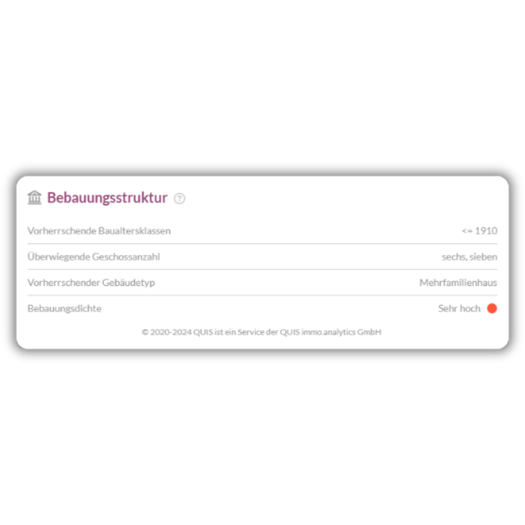 Daten zur Bebauungsstruktur: Baualtersklassen, Geschossanzahl, Gebäudetyp und Bebauungsdichte.