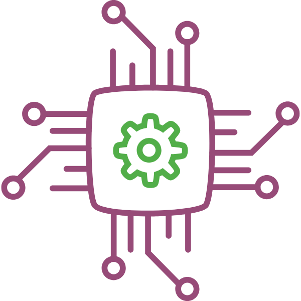 Symbol für intelligente Technologie mit einem Chip und einer Zahnrad-Ikone, das KI-gestützte Analysen darstellt. Symbol für intelligente Technologie mit einem Chip und einer Zahnrad-Ikone, das KI-gestützte Analysen darstellt.