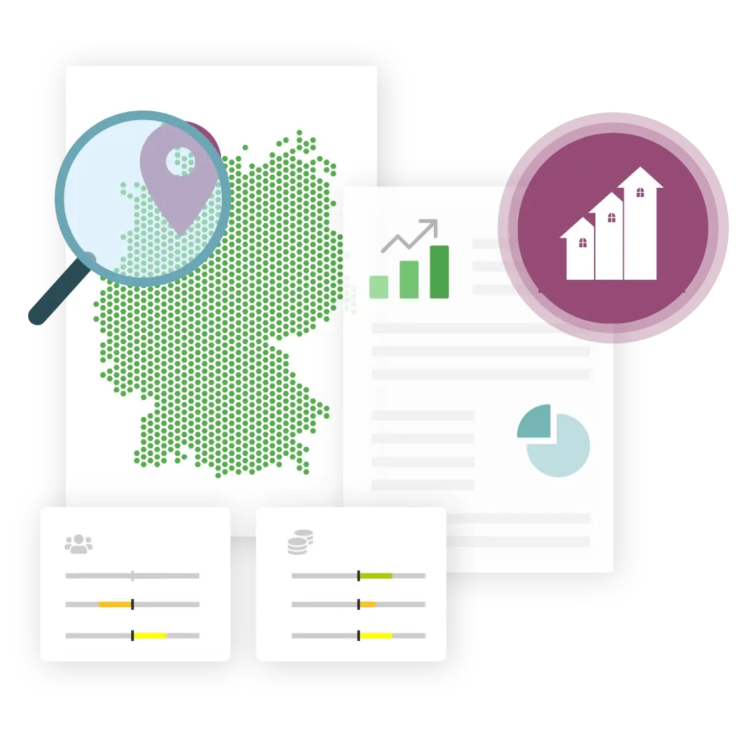 Karte von Deutschland mit Standortdaten, Diagrammen und Berichten zur Immobilienportfolio-Analyse. Karte von Deutschland mit Standortdaten, Diagrammen und Berichten zur Immobilienportfolio-Analyse.