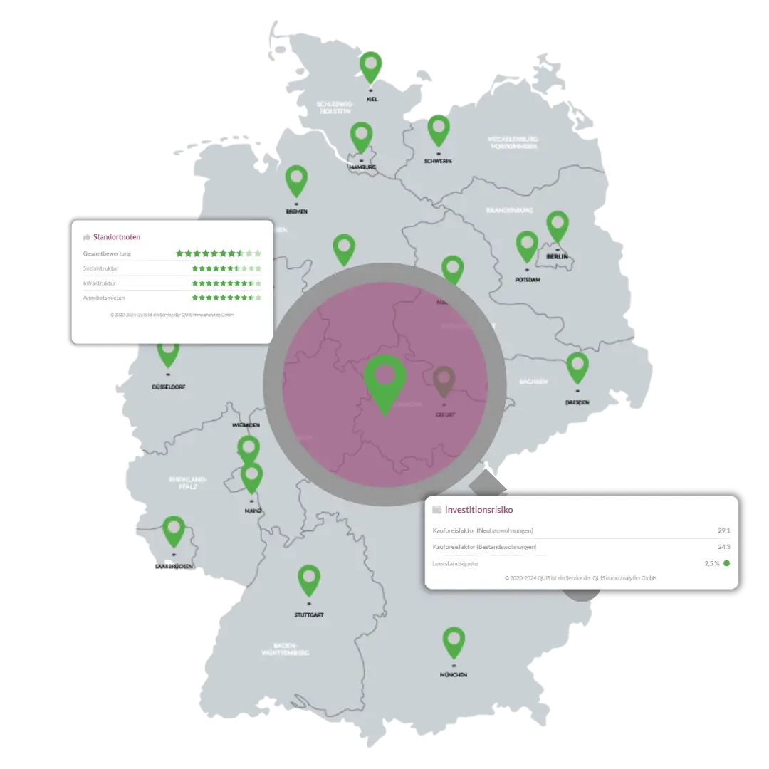 Karte von Deutschland mit Standortmarkierungen und Informationen zu Standortbewertungen, Investitionsrisiken und Leerstandsquoten. Karte von Deutschland mit Standortmarkierungen und Informationen zu Standortbewertungen, Investitionsrisiken und Leerstandsquoten.