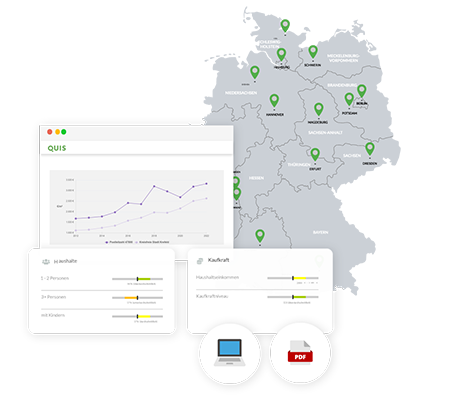 Diagramm und Kartenanalyse von deutschen Städten mit Symbolen für Haushalte und Kaufkraft. Diagramm und Kartenanalyse von deutschen Städten mit Symbolen für Haushalte und Kaufkraft.