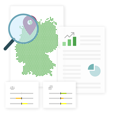 Deutschlandkarte mit Lupe und Diagramm für Standortanalyse. Deutschlandkarte mit Lupe und Diagramm für Standortanalyse.