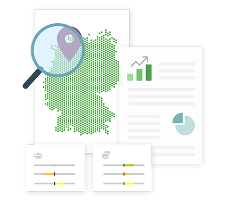 Deutschlandkarte mit Lupe und Diagramm für Standortanalyse.